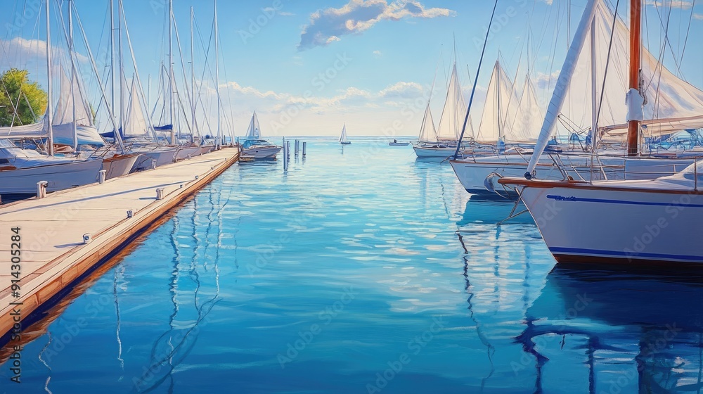 Fototapeta premium Quiet marina with docked sailboats and yachts, empty walkways, and calm waters