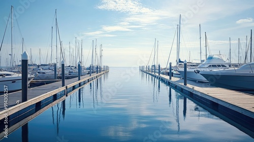 Quiet marina with docked sailboats and yachts, empty walkways, and calm waters