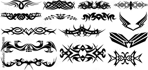 Collection of intricate tribal tattoo designs in vector format, featuring symmetrical patterns and abstract shapes ideal for body art, graphic design projects, and decorative elements.