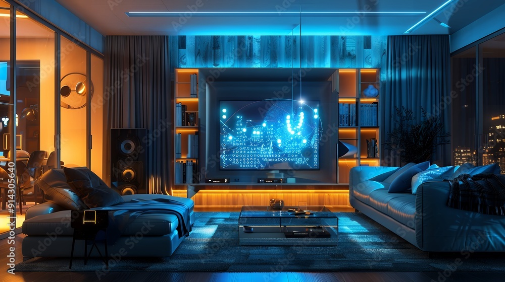 Rendering of smart home technology on smartphone with hologram house model floating over, digital data and graphs icon background, blue neon light effect, high resolution Rendering of smart home technology on smartphone with hologram house model floating over, digital data and graphs icon background, blue neon light effect, high resolution