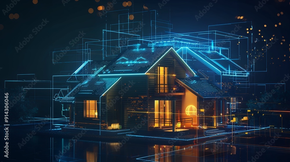 Rendering of smart home technology on smartphone with hologram house model floating over, digital data and graphs icon background, blue neon light effect, high resolution Rendering of smart home technology on smartphone with hologram house model floating over, digital data and graphs icon background, blue neon light effect, high resolution