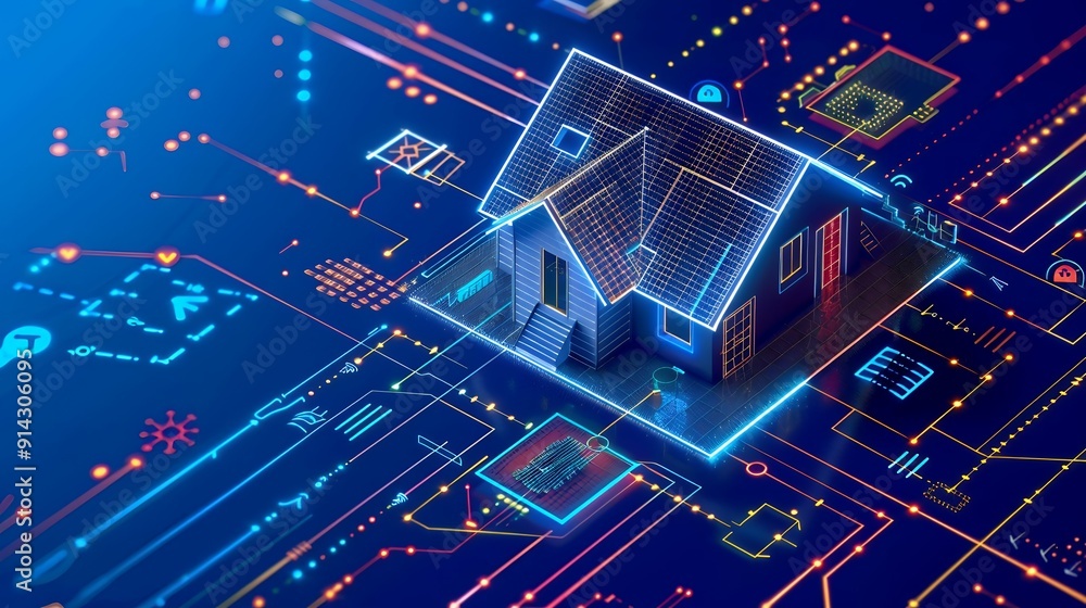Rendering of smart home technology on smartphone with hologram house model floating over, digital data and graphs icon background, blue neon light effect, high resolution Rendering of smart home technology on smartphone with hologram house model floating over, digital data and graphs icon background, blue neon light effect, high resolution