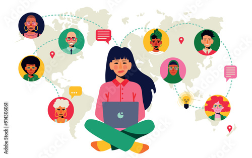 A world map with different and inclusive portraits, and icons of communication applications. Men and women communicate. A girl is sitting on the floor with her laptop.
