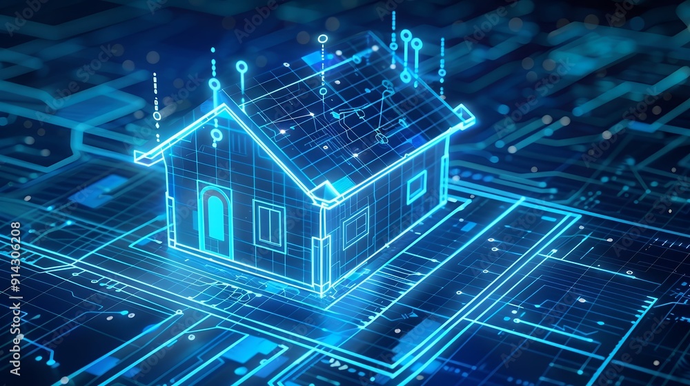 Rendering of smart home technology on smartphone with hologram house model floating over, digital data and graphs icon background, blue neon light effect, high resolution Rendering of smart home technology on smartphone with hologram house model floating over, digital data and graphs icon background, blue neon light effect, high resolution