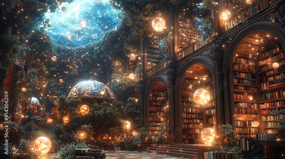 Naklejka premium A magical library with floating books and glowing orbs, high quality