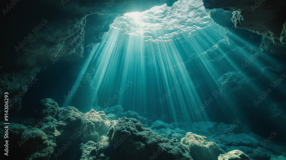 Sunlight streaming through water into a deep underwater cave with rocky formations and soft corals Sunlight streaming through water into a deep underwater cave with rocky formations and soft corals