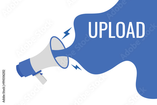 upload button, banner, label, template for website. upload text with colorful megaphone icon
