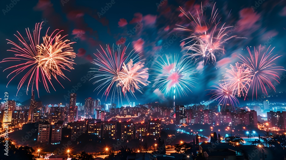 A city is lit up with fireworks in the sky A city is lit up with fireworks in the sky