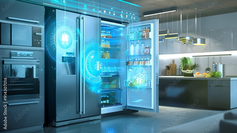 A futuristic kitchen with a refrigerator that has a screen on it. The refrigerator is connected to a computer and has a display technology concept. The kitchen is very modern A futuristic kitchen with a refrigerator that has a screen on it. The refrigerator is connected to a computer and has a display technology concept. The kitchen is very modern