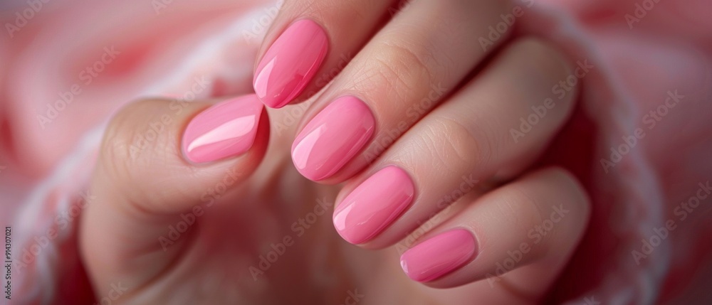 A pink-painted hand with medium nails rests on a fluffy pink background, emanating softness and warmth. A pink-painted hand with medium nails rests on a fluffy pink background, emanating softness and warmth.
