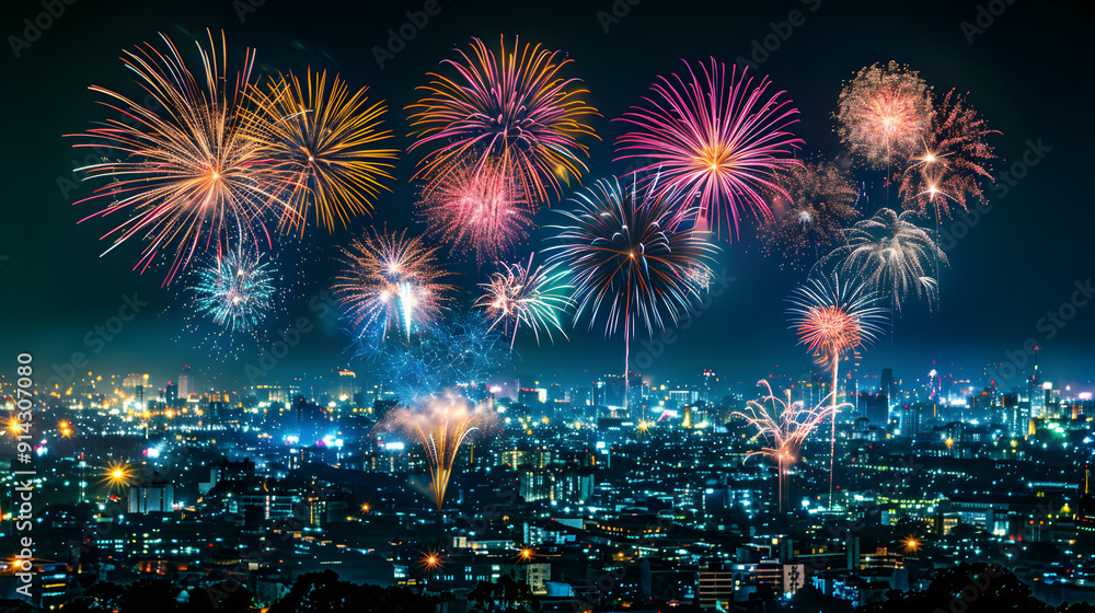A fireworks display lights up the night sky over a city A fireworks display lights up the night sky over a city