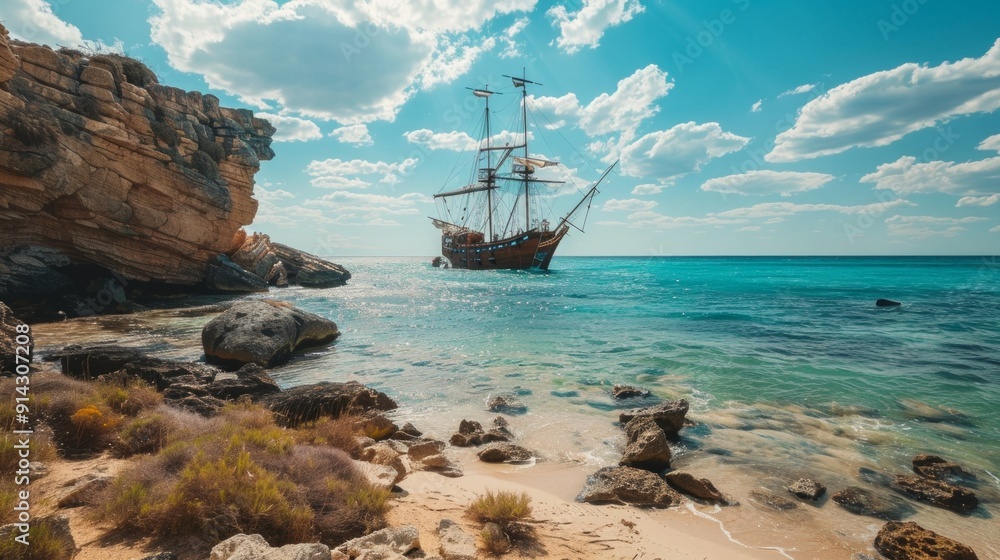 A wooden sailboat sails on a tranquil sea near a rocky beach with lush greenery under a serene sky. This picturesque scene exudes harmony and invites viewers to admire nature's beauty. A wooden sailboat sails on a tranquil sea near a rocky beach with lush greenery under a serene sky. This picturesque scene exudes harmony and invites viewers to admire nature's beauty.