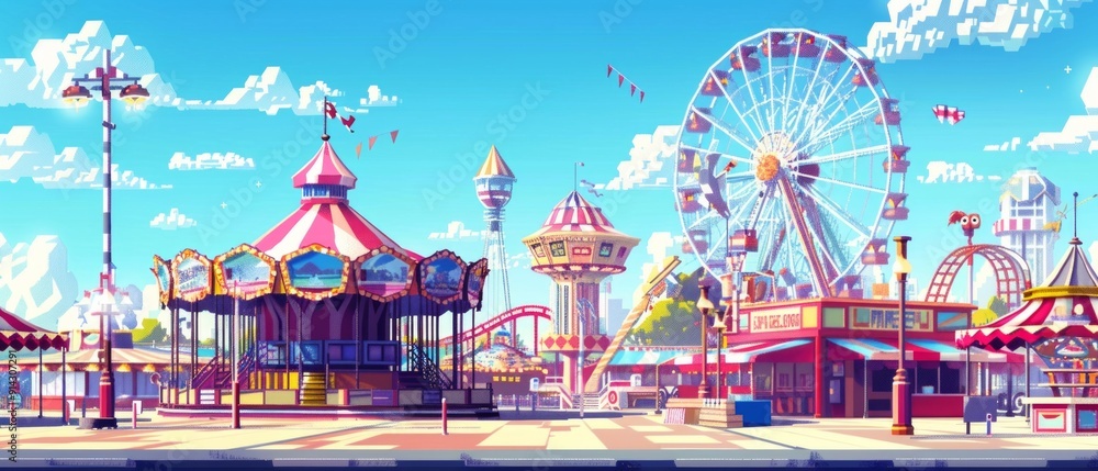 A vibrant fairground scene with a Ferris wheel, carousels, and colorful buildings under a sunny sky. Cheerful and lively atmosphere with flying flags. A vibrant fairground scene with a Ferris wheel, carousels, and colorful buildings under a sunny sky. Cheerful and lively atmosphere with flying flags.