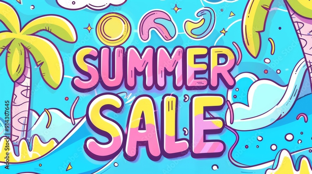 Colorful summer sale graphic featuring cheerful palm trees and sun Colorful summer sale graphic featuring cheerful palm trees and sun