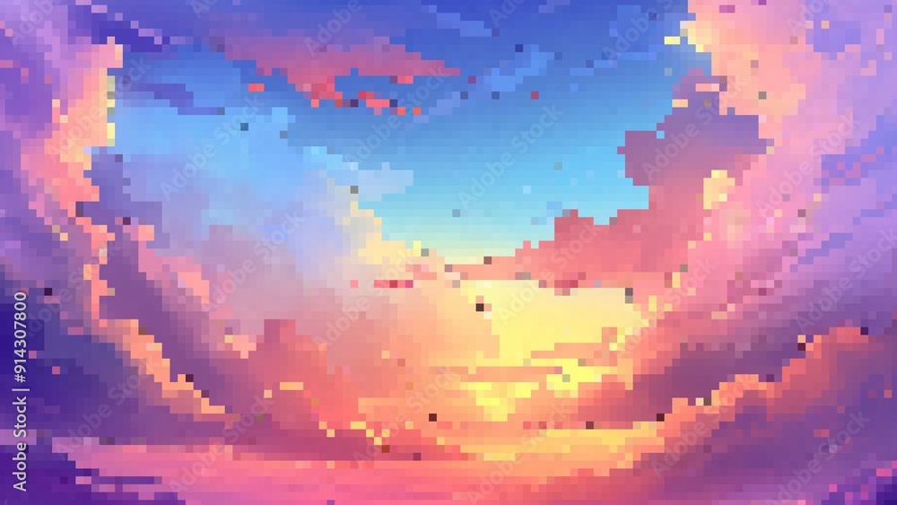 Obraz premium Pixel art background of the sky at sunset