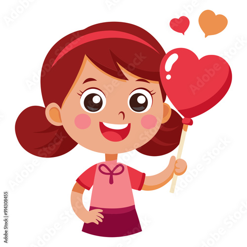 Cute little girl with a lollipop. Cartoon scene of a happy little girl holding a sweet heart-shaped lollipop. Isolated vector illustration.