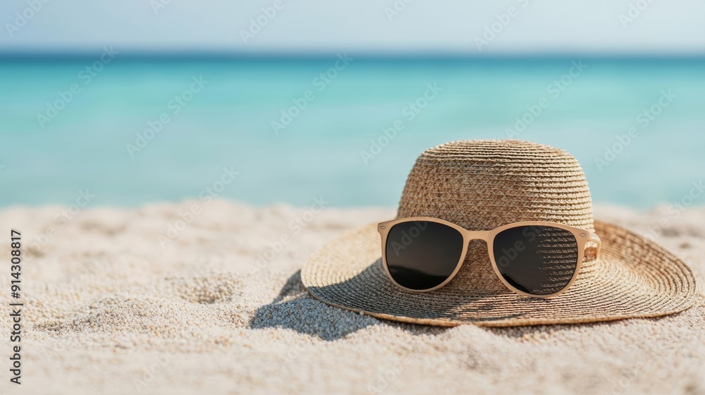 Closeup of a sunhat and sunglasses on a beach towel, tropical setting, relaxing Labor Day getaway Closeup of a sunhat and sunglasses on a beach towel, tropical setting, relaxing Labor Day getaway