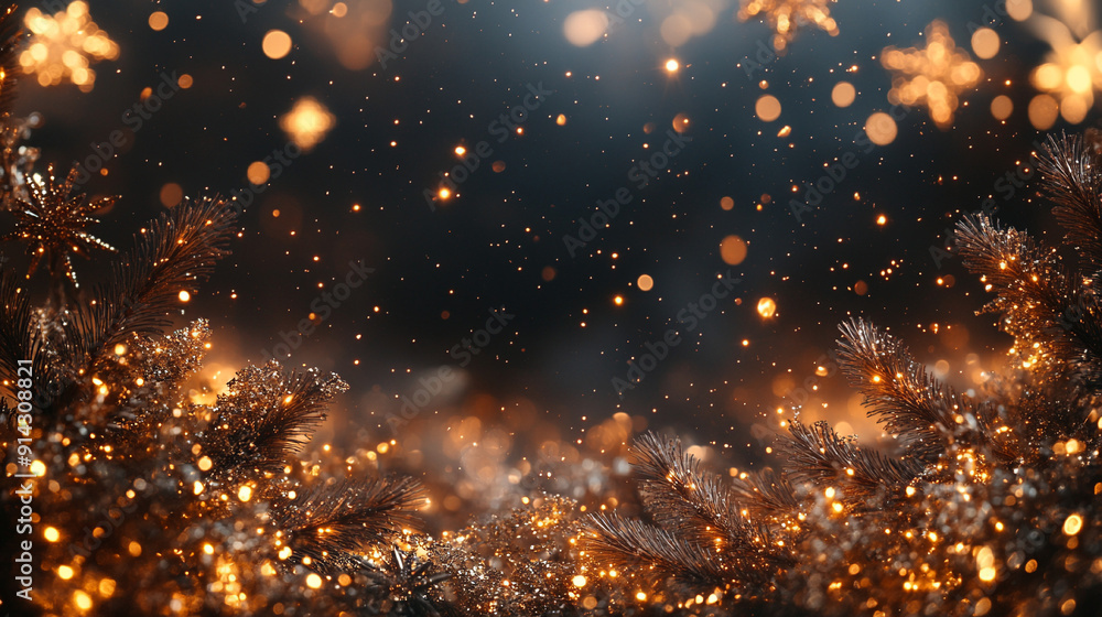Obraz premium Abstract background with golden bokeh and glitters, decorative art with glow and sequins falling