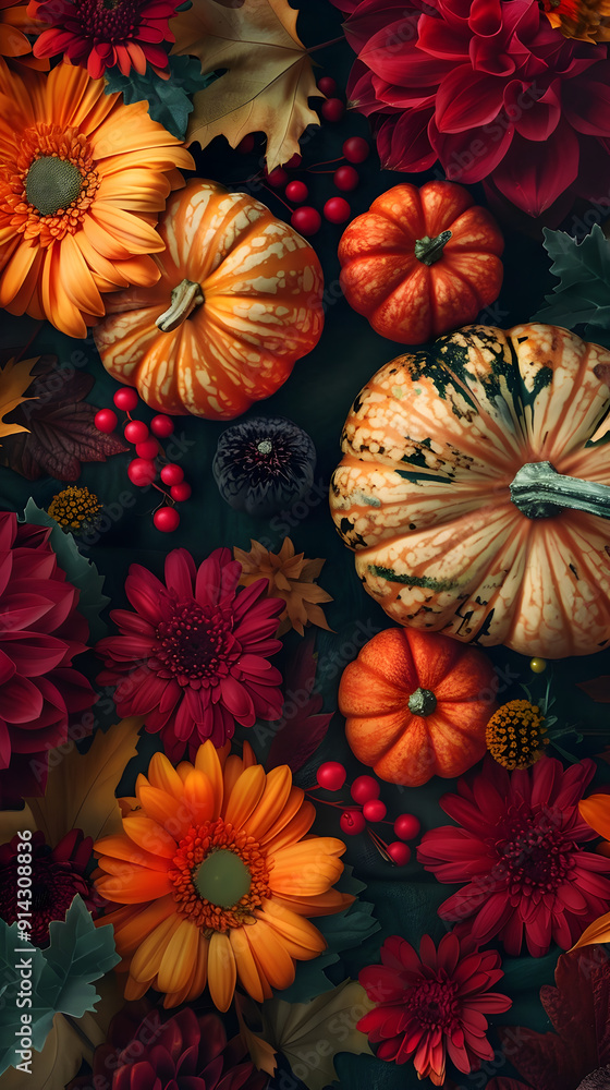 Fototapeta premium A colorful bouquet of flowers and pumpkins arranged together