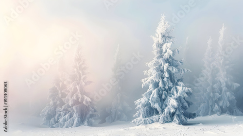 2. A snowy woodland scene featuring trees blanketed in white, shrouded in a gentle fog. Seasonal banner.