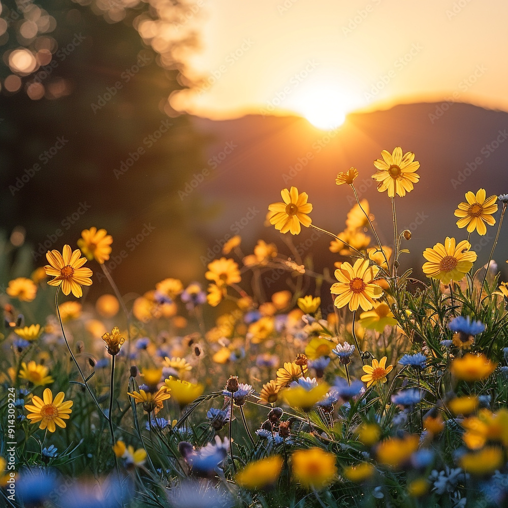 landscape with flowers and sun landscape with flowers and sun