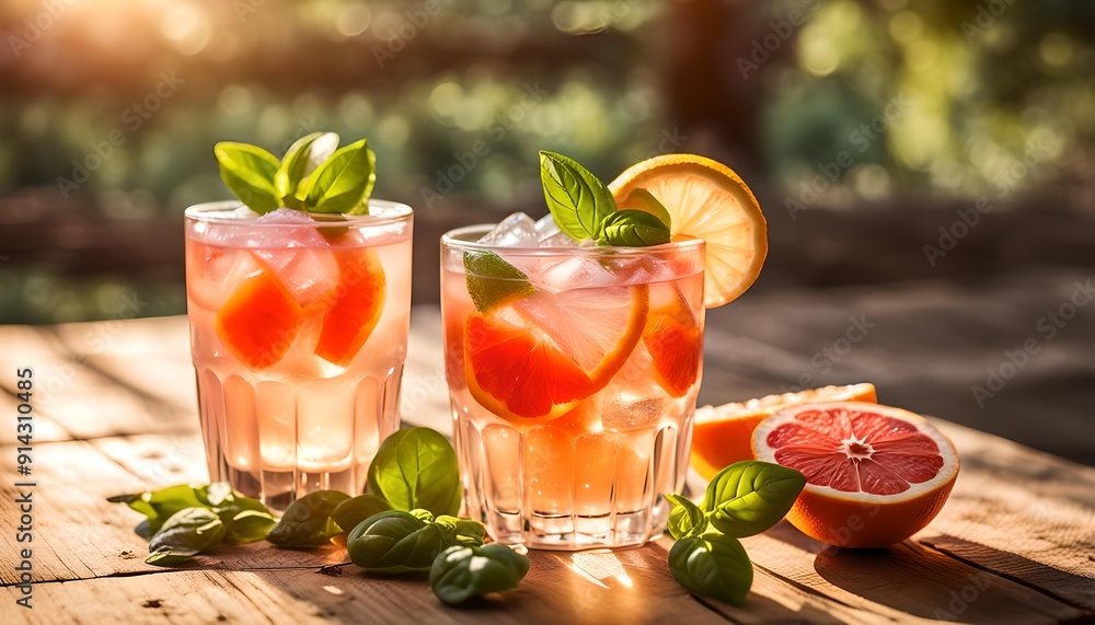 glass of grapefruit drinks with lemon, ice cubes and fresh sweet basil
glass of grapefruit drinks with lemon, ice cubes and fresh sweet basil