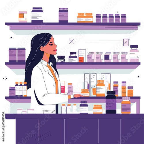 Woman in pharmacy with long hair, organized shelves of medication, modern and colorful art.
