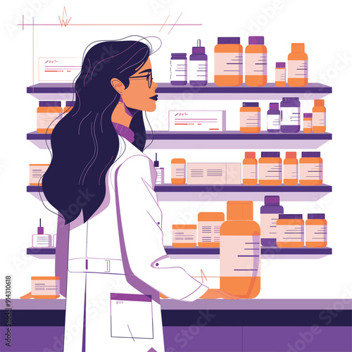 Woman in pharmacy with long hair, organized shelves of medication, modern and colorful art.
