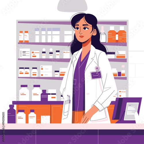 Woman in pharmacy with long hair, organized shelves of medication, modern and colorful art.
