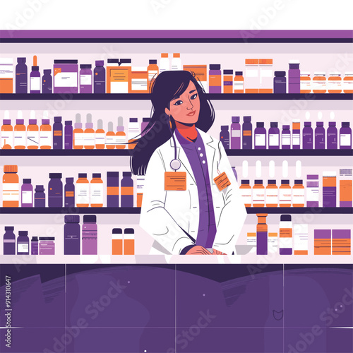 Woman in pharmacy with long hair, organized shelves of medication, modern and colorful art.
