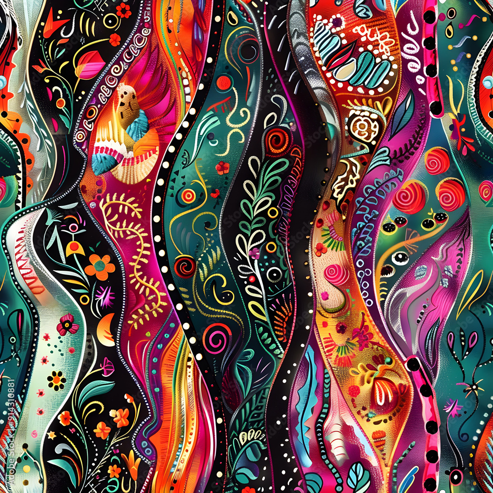 A colorful, abstract painting with a lot of different shapes and patterns A colorful, abstract painting with a lot of different shapes and patterns
