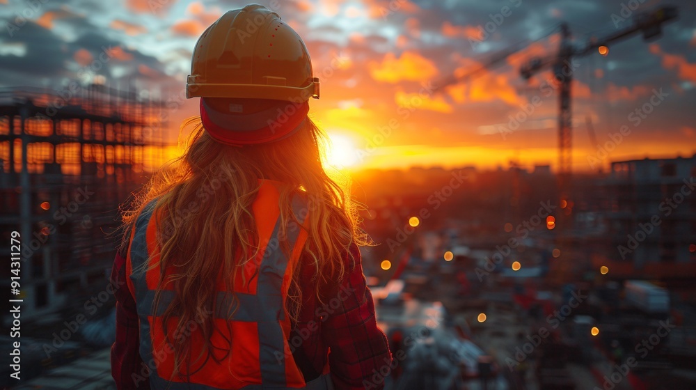 A construction worker in safety gear watches the vibrant sunset casting golden hues over the urban skyline while overseeing ongoing work at the construction site A construction worker in safety gear watches the vibrant sunset casting golden hues over the urban skyline while overseeing ongoing work at the construction site
