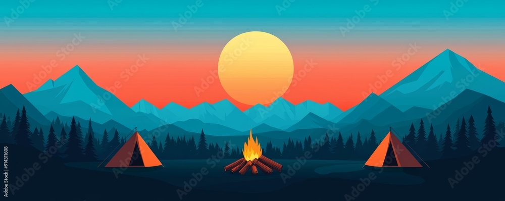 Camping trip, tents and campfire, flat design illustration Camping trip, tents and campfire, flat design illustration