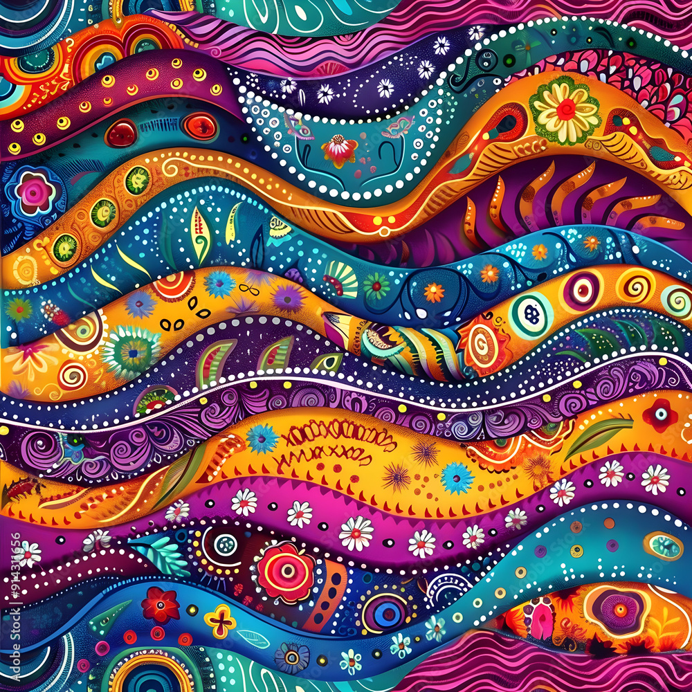 A colorful, abstract painting with many different shapes and patterns A colorful, abstract painting with many different shapes and patterns