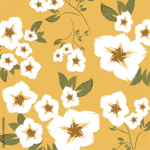 a repeating floral pattern with white flowers that have brown centers. The flowers are stylized and have a slightly abstract, hand-drawn appearance, creating.