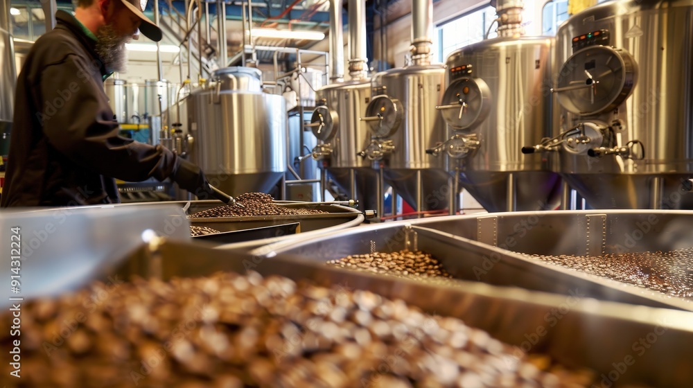 Close-up of malt grains in a brewery with brewing equipment and a worker in the background. Close-up of malt grains in a brewery with brewing equipment and a worker in the background.