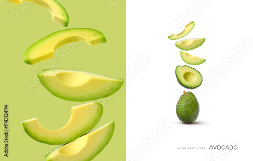 Creative layout made of avocado on the white and green background. Food concept. Macro concept.