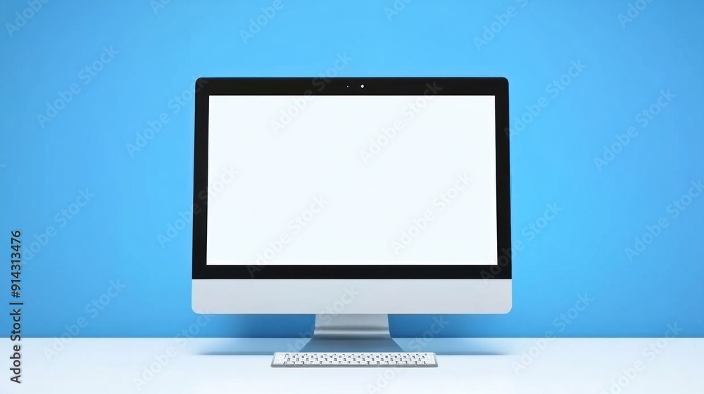 A computer with a white-screen mockup on a white table against the blue wall in a modern room, minimal papercut illustration A computer with a white-screen mockup on a white table against the blue wall in a modern room, minimal papercut illustration