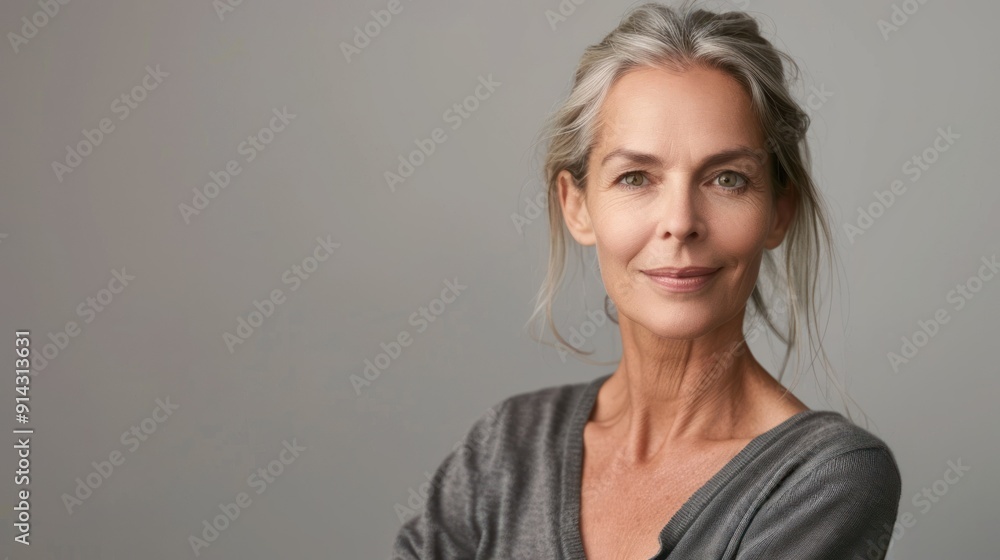 Fototapeta premium Mature woman with glowing skin, looking serene and confident