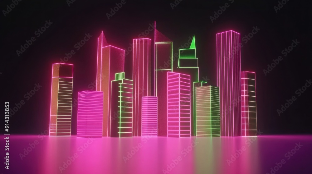 Synthwave style of a futuristic city skyline, cityscape with neon lights and sky, pink and green colors Synthwave style of a futuristic city skyline, cityscape with neon lights and sky, pink and green colors