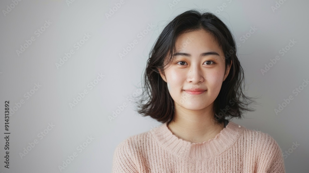 Fototapeta premium Portrait of an Asian individual with radiant, healthy skin, smiling gently