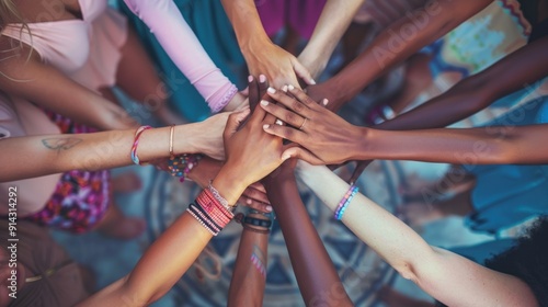 Women of various backgrounds joining hands in a circle, representing unity