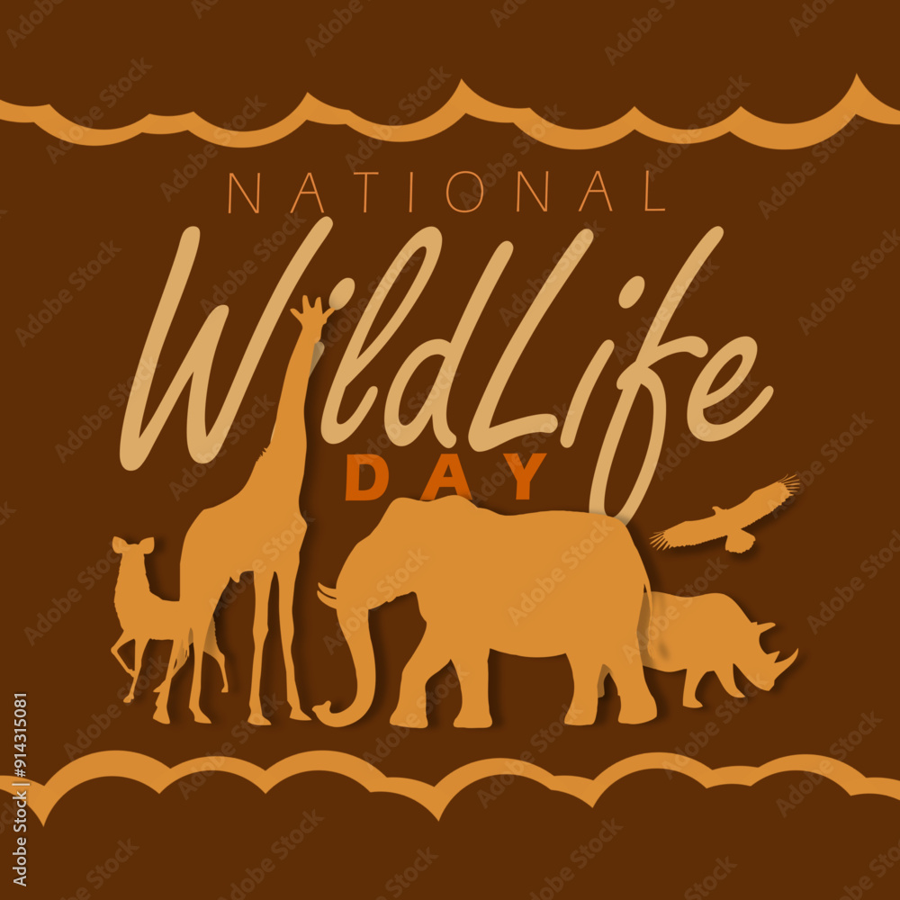 Naklejka premium ​National Wildlife Day event animal banner. A text with icons of giraffe, elephant, rhino, eagle and deer on brown background to celebrate on September 4th