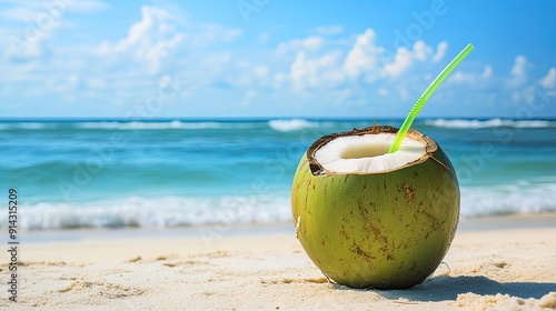 A green coconut with a straw, set on the beach with the ocean in the background, embodying a refreshing tropical escape.