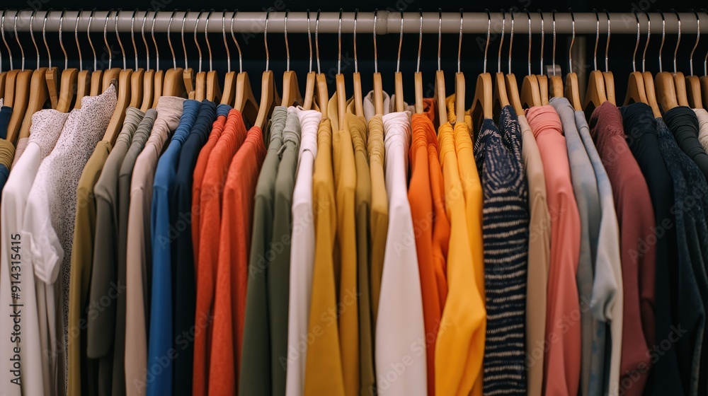 clothing rack filled with neatly hung garments in retail store clothing rack filled with neatly hung garments in retail store
