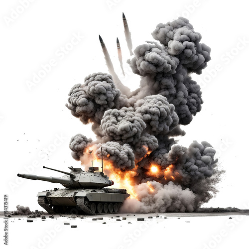 Exploded tank from a missile hit isolated on the transparent backgrrond