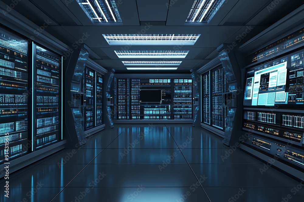Futuristic Server Room with Rows of Digital Displays Futuristic Server Room with Rows of Digital Displays
