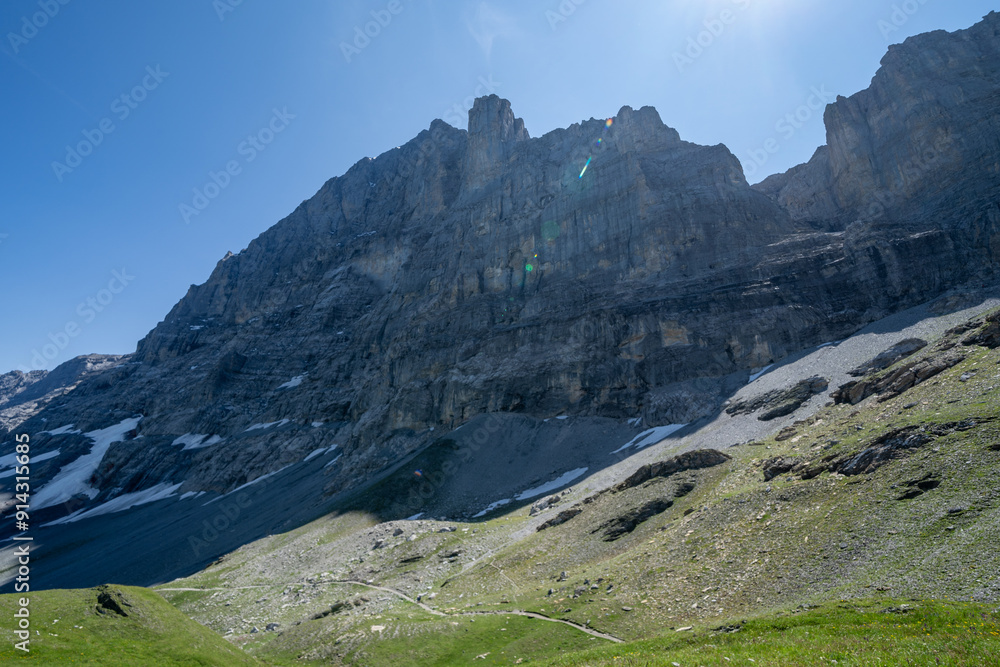 Obraz premium View of the North Face of the Eiger mountain in Switzerland from the Eiger hiking trail