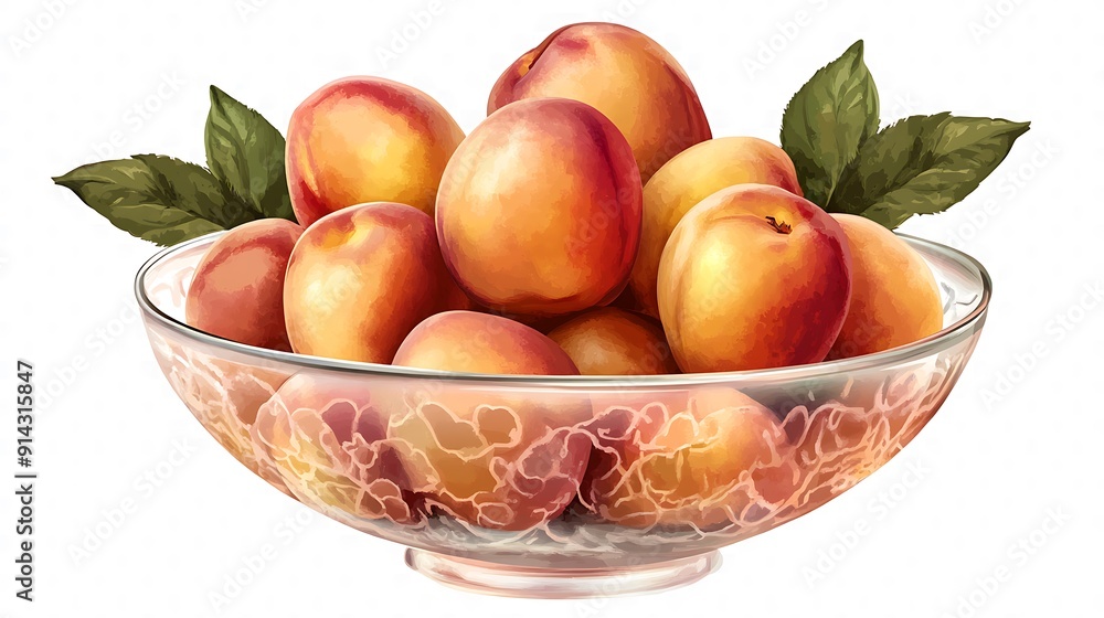 A Glass Bowl Filled with Ripe Peaches and Green Leaves A Glass Bowl Filled with Ripe Peaches and Green Leaves