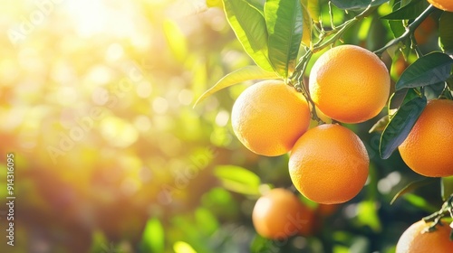 Cluster of juicy oranges on a branch, with a sunlit background of citrus trees, emphasizing the vibrant color and healthy appearance of the fruit